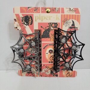 NEW! Piper K Halloween Hair Clips Spider Web Black Rhinestones Spooky SET OF‎ 2